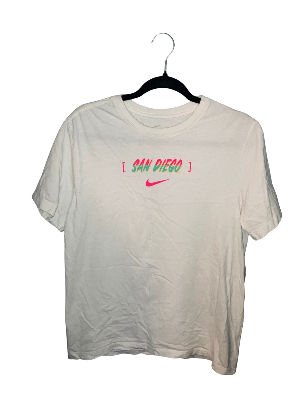 Nike White Tee with Pink Swoosh and Green-Pink 'San Diego' Graphic